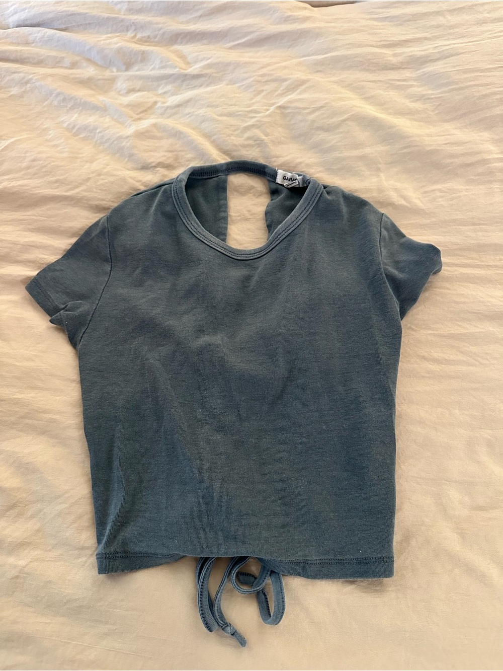 Garage Blue/Grey Keyhole Tie-Back Crewneck Crop Top